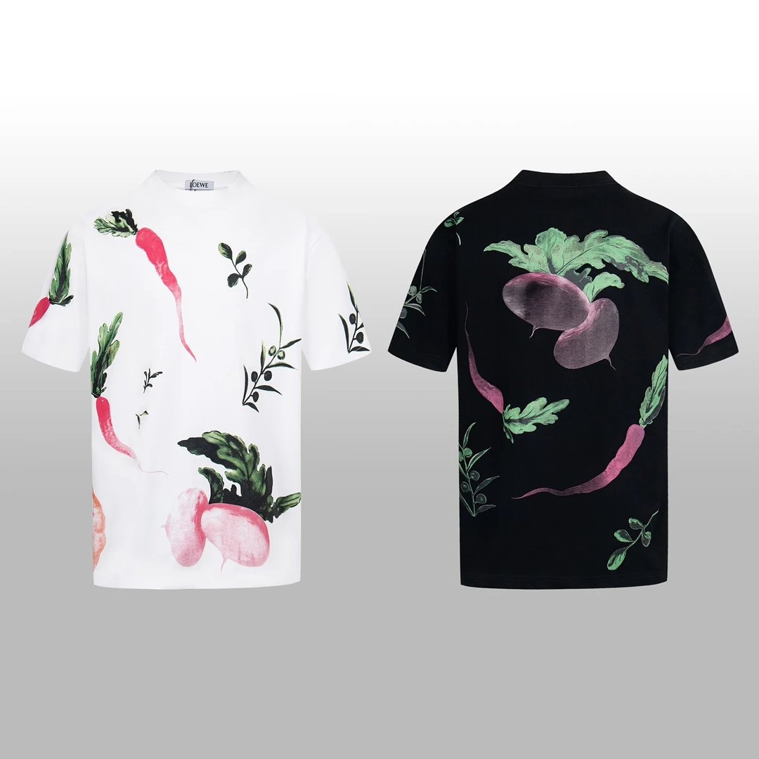 LOEWE T-shirt Front and Back Hand-drawn Vegetable Illustrations logo round Neck Short Sleeve25ss New pure cotton T Unisex T-Shirt OS Loose Fit Base Shirt Top Half Sleeve T-Shirt