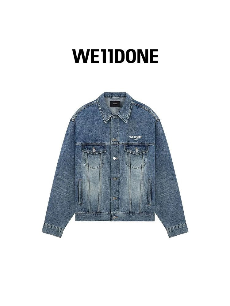 We11done Jackets Top Version New Printed Spring and Autumn Men's and Women's Same Washed Denim Jacket Coat