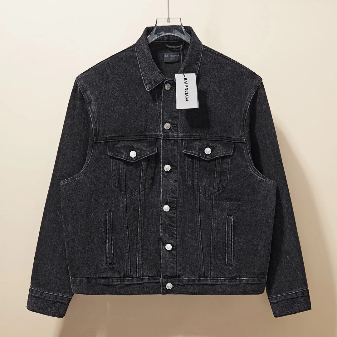 Balenciaga Jackets White printed letters on the back logo Color-Block Denim Jacket Fashion Simple Heavy Casual Short Unisex Washed Vintage Turn-Down Collar Jacket