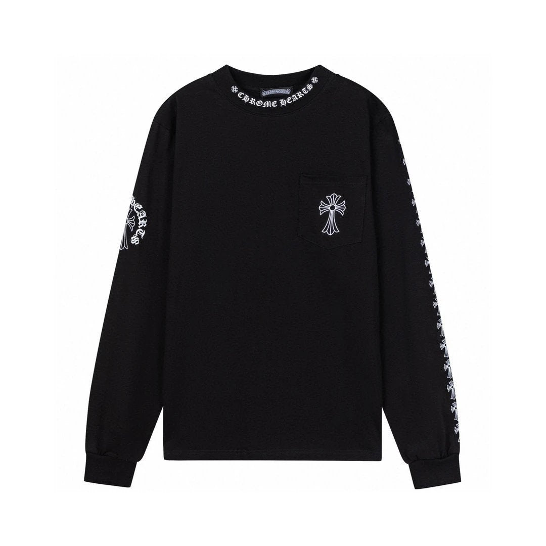 Chrome Hearts Hoodie Top Version2024New Fashion Brand Sanskrit Letter Printing Blue Letter Horseshoe Cross Pure Cotton Men's and Women's Long Sleeve T T-shirt