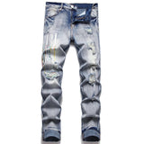 Amiri Jeans New Foreign Trade Style Fashion Blue with Holes Paste Cloth Embroidery Elastic Mid-Waist Feet Men's Jeans