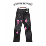 Chrome Hearts Jeans Unique Spray-Painted Mixed Purple Leather Cross logo25ss Spring Summer New Straight Loose Jeans Unisex Slim Fit Long Pants
