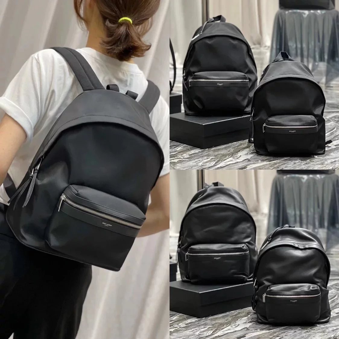 YSL Backpack Top version 【Super Original】Special Cabinet Version New Backpack Full Leather Leather Backpack Cotton Linen Cloth with Leather Fabric Canvas Backpack Backpack Hiking Backpack Large-Capacity Luggage Bag Backpack Men's Backpack Size Black Men's