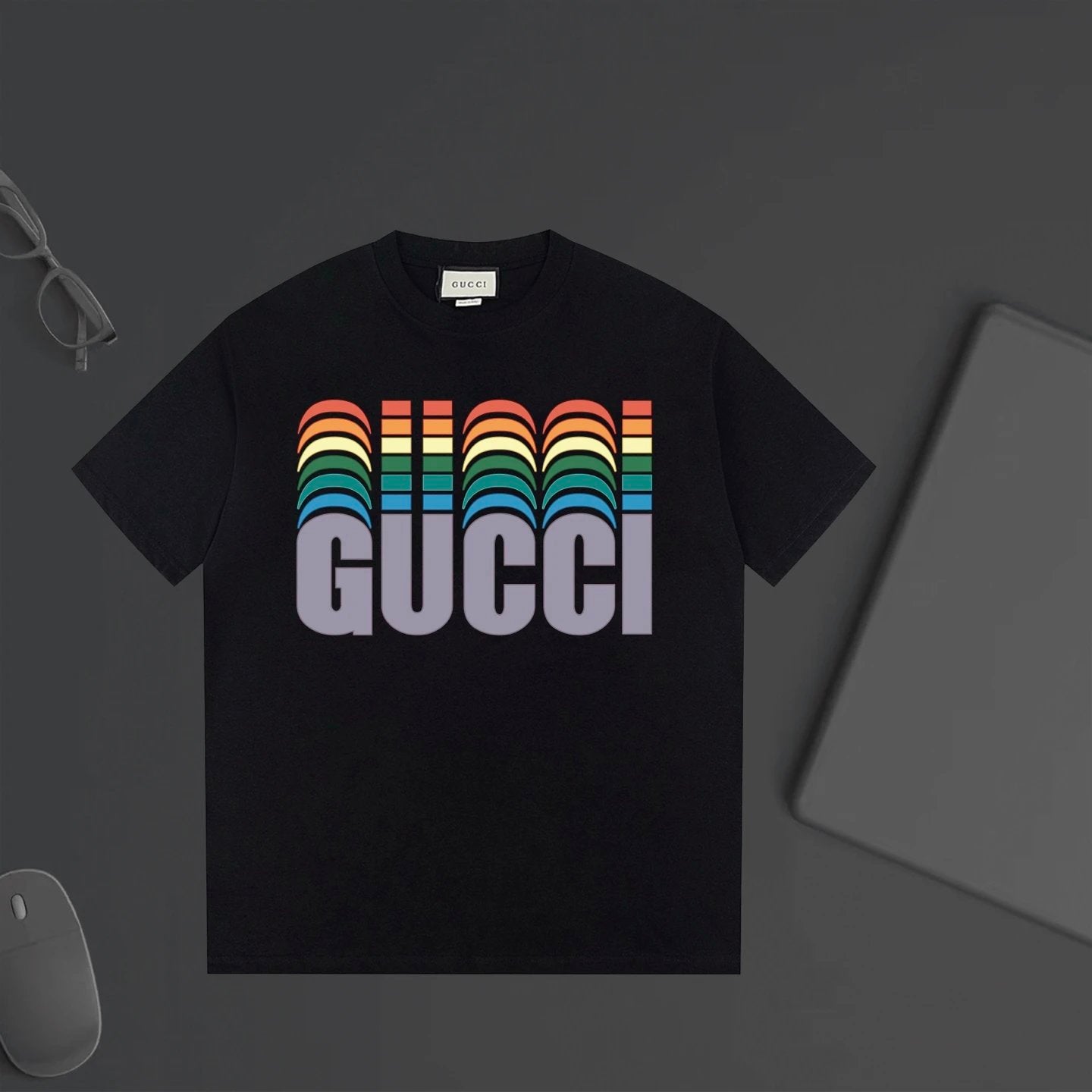 Gucci T-shirt Chest Color-Block Overlapping Letter Print logo round Neck Short Sleeve25ss New Pure Cotton Unisex Style T T-shirt OS Loose Fit Base Shirt Top Half Sleeve T-Shirt