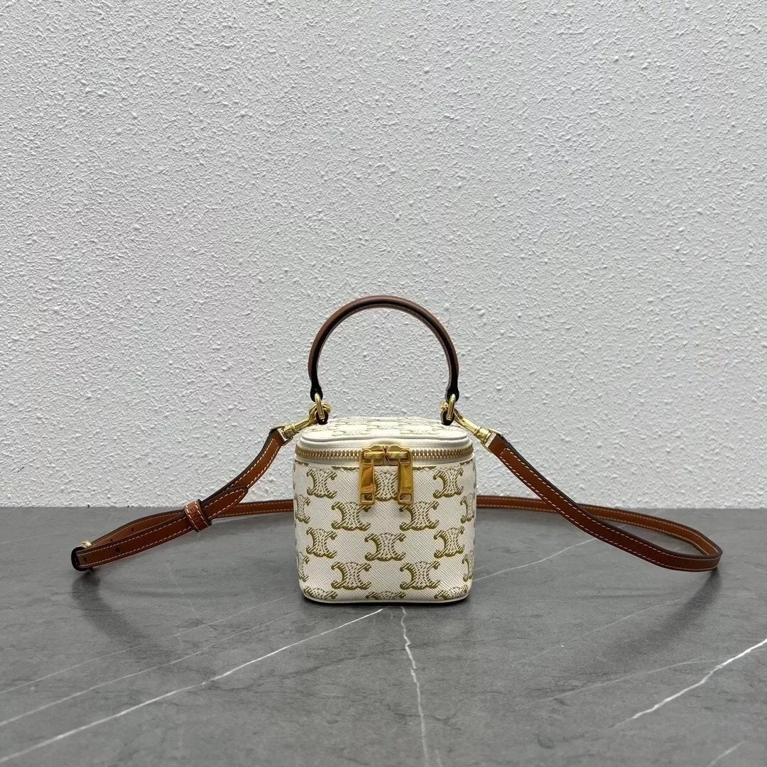 Celine women's bag Top version 【Original Leather Hardware】23New Three-Dimensional Box Bag Portable Box Bag Small round Bag Double Zipper Closure mini Box Bag Cosmetic Bag Lipstick Pack Small Waste Bag New Mini Small Bag Handle Small Box Bag Box Bag Women'