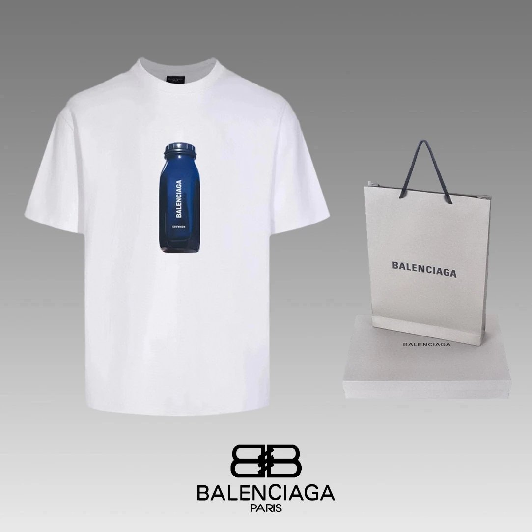 Balenciaga T-shirt Chest Water Bottle Pattern Print logo round Neck Short Sleeve25ss New Pure Cotton Unisex Style T T-shirt OS Loose Fit Base Shirt Half Sleeve T-Shirt Top Half Sleeve