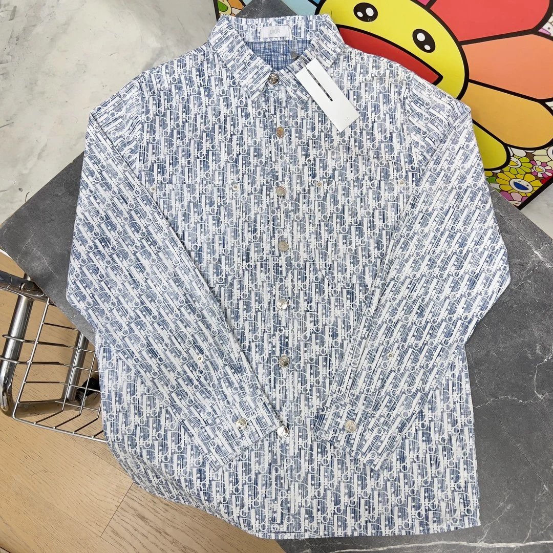 Dior Shirt Dark Pattern Full Print Button Shirt Casual Loose Versatile Turn-down Collar Long Sleeve Shirt os Cardigan Jacket Unisex Same Style24ss Autumn and Winter New Products