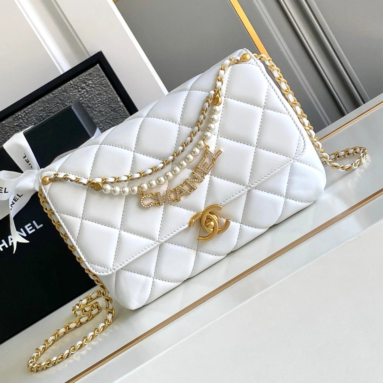 Chanel Women's Bag Top version 【Premium Original Leather】24A Pearl Chain Bag Rhinestone Letters Pendant CF Fang Fat Man Flap Bag24a Pearl Bag Pearl Chain Square Fat Original Lamb Skin Pearl Chain Flap Bag