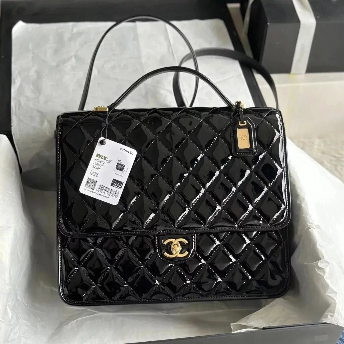 Chanel Women's Bag Top version 【New Arrivals】Best-selling new type Jennie Same Style22K Backpack Black Patent Leather Rhombic Lychee Leather Backpackage Backpack Sports Bag Travel Bag Women's Bag Luggage Bag Portable Women's Briefcase AS3662