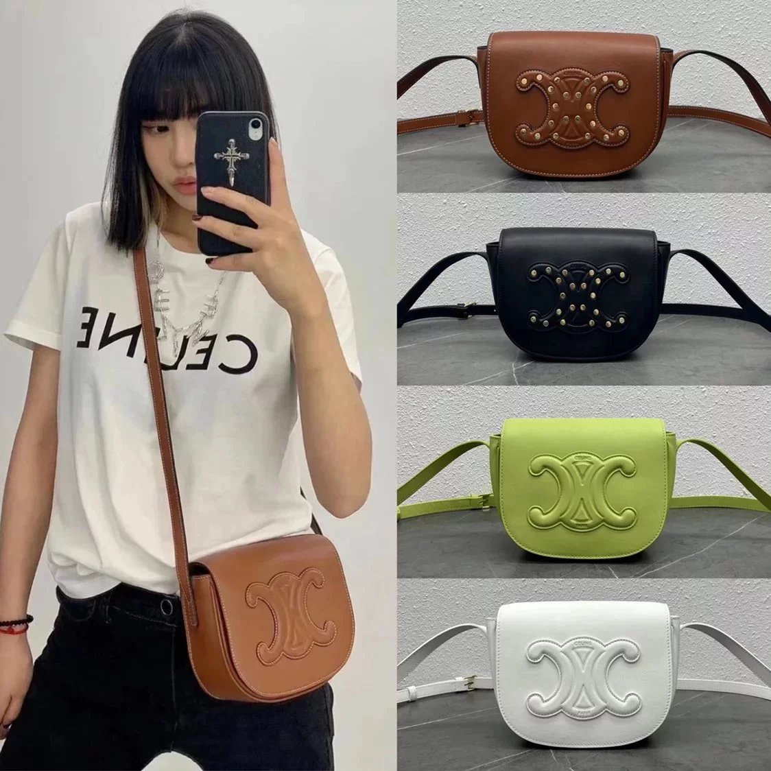 Celine women's bag Top version 【Version】2022Spring and Summer New Folco Saddle Bag Women's Bag Crossbody Bag New Arrival Nail Rivet Arc De Triomphe Saddle Bag Shoulder Bag Full Cowhide Bag198263