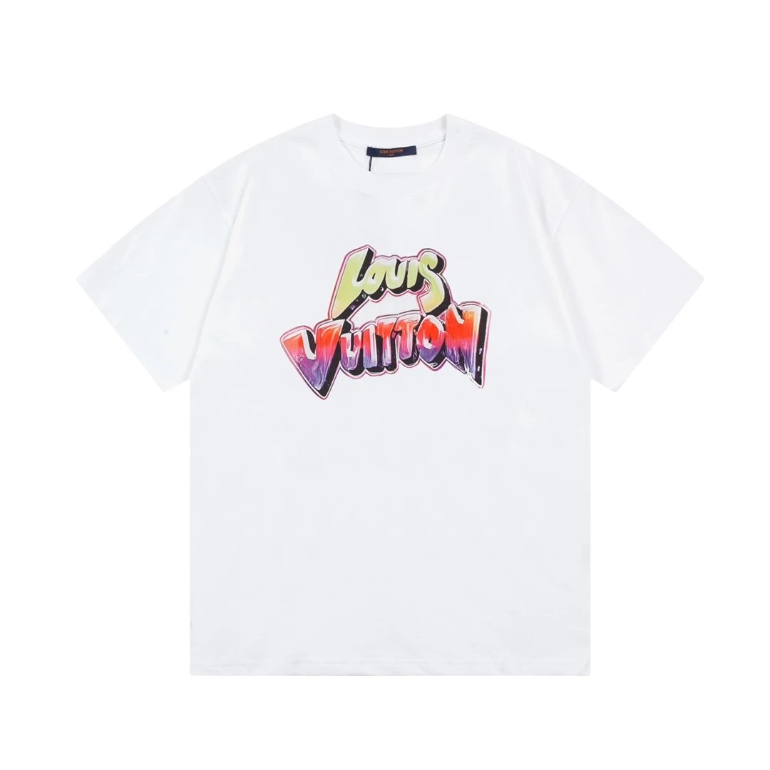 Louis Vuitton LV T-shirt Gradient Graffiti Letter Print on the Chest logo round Neck Short Sleeve25ss New Pure Cotton Unisex Style T T-shirt OS Loose Fit Base Shirt Half Sleeve T-Shirt Top Half Sleeve