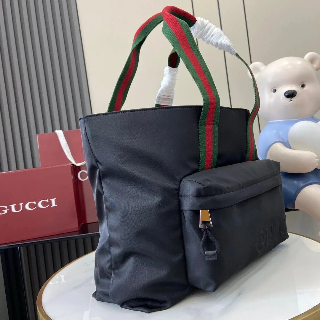 Gucci Tote Bag/Briefcase/Travel Bag Top version 【High Version Original Leather】24Autumn and Winter New Decoration Logo Large Tote Bag Black Nylon Cloth Men's Series Casual Nylon Tote Bag Tote Handbag Men's Handbag Lightweight Computer Bag Nylon Cloth Bag8