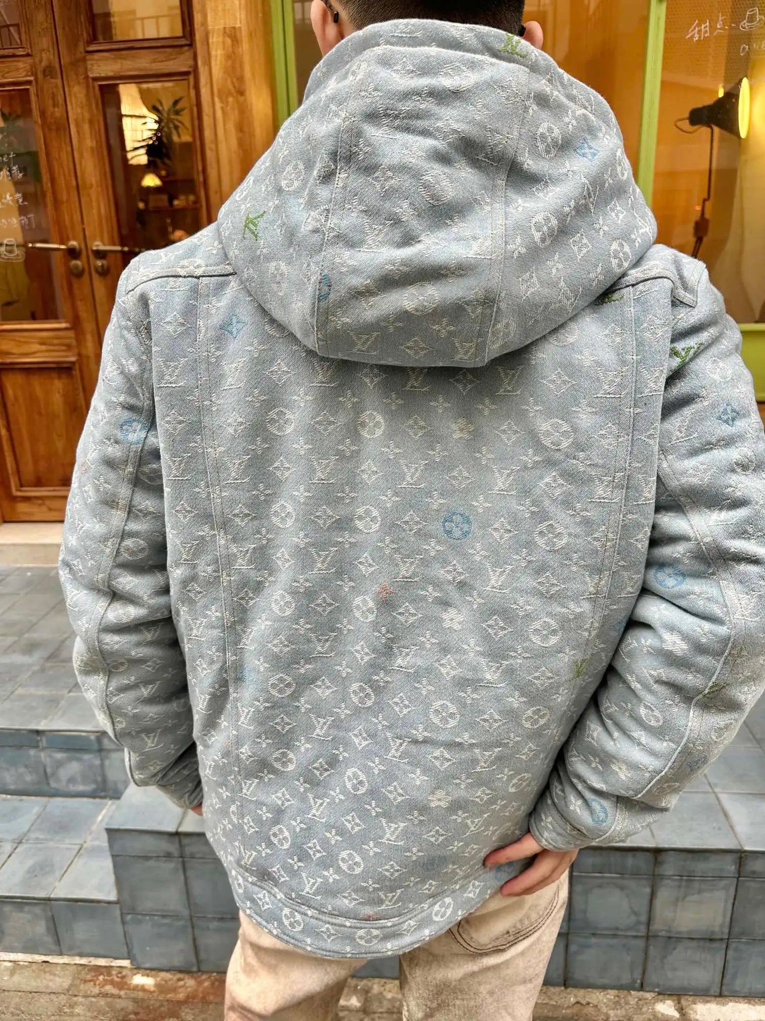 Louis Vuitton LV Jackets Full Print Washed Vintage Jacquard LOGO Hooded Cotton Jacket Unisex Coat Jacket Casual Loose Versatile Winter Warm Sports Jacket