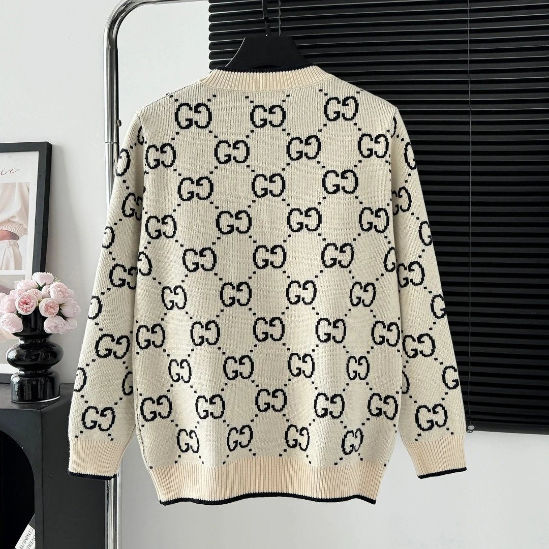 Gucci Sweater Full Print LOGO Connected Crew Neck Sweater25ss Spring New Thickened Long Sleeve Pullover Unisex OS Loose Fit Top Versatile Casual Jacket Lazy Style