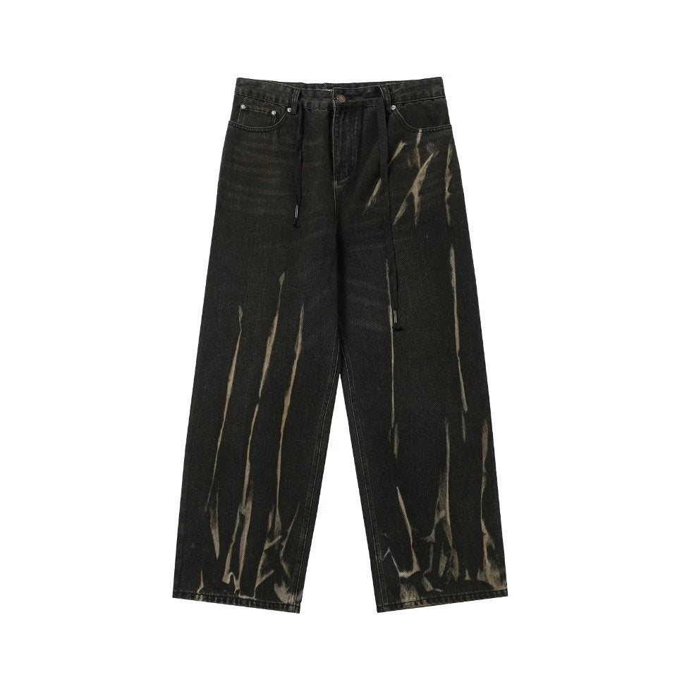 Balenciaga Jeans Hot-Selling Black Heavy-Duty Washed Spray-Painted Embroidered Drawstring Jeans Straight-Leg Jeans Autumn Winter New Unisex Loose Casual Wide-Leg High-Waist Pants