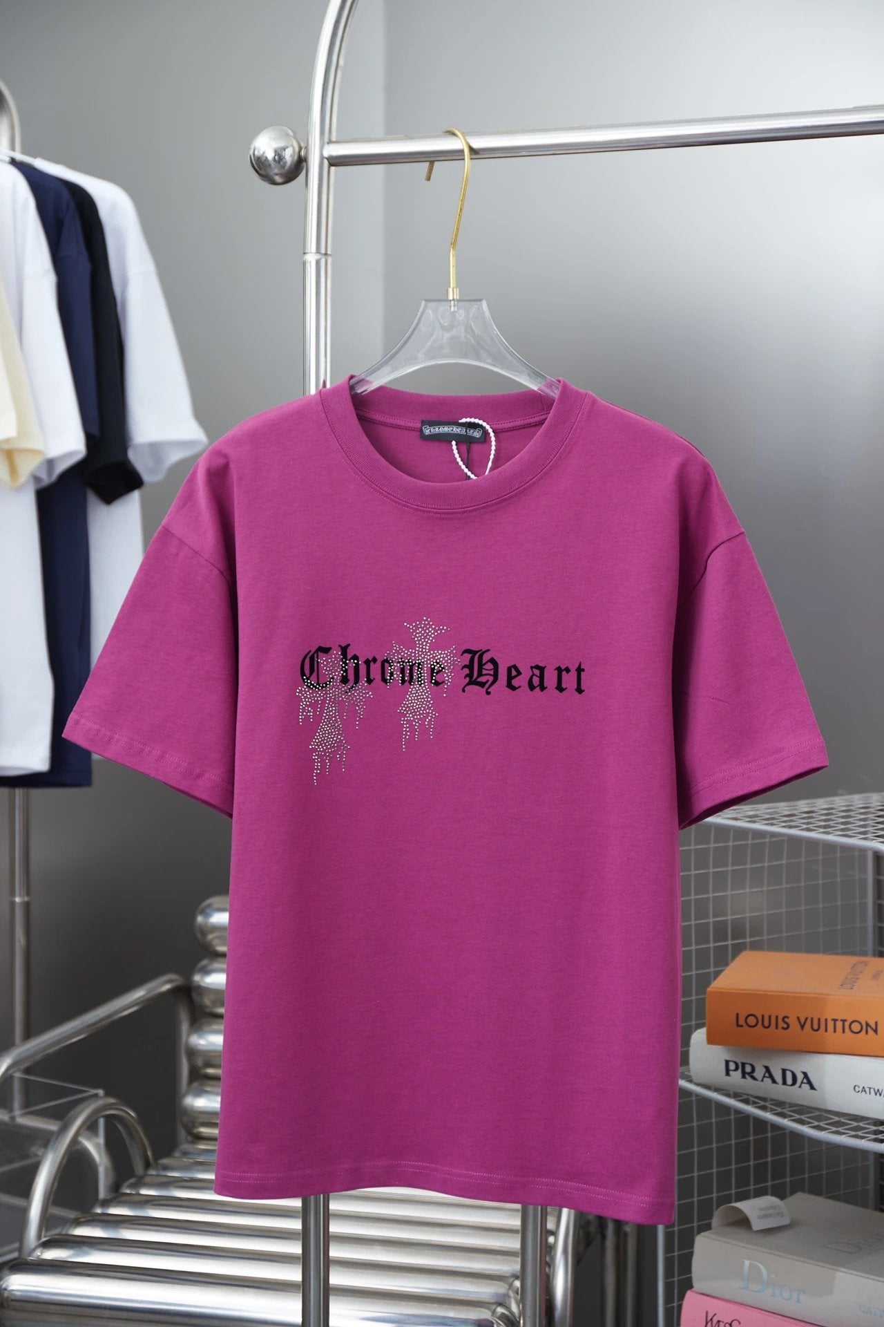 Chrome Hearts T-shirt Early Spring New Style Horseshoe Flocking Print Rhinestone Round Neck Short Sleeve Pure Cotton Unisex T T-shirt OS Loose Fit Base Shirt Short Sleeve Top T-Shirt