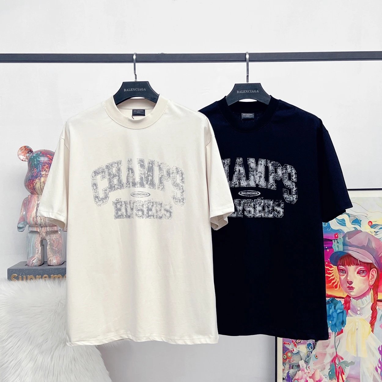 Balenciaga T-shirt CHAMPS Fuzzy Letter Color Block Print logo round Neck Short Sleeve25ss New pure cotton T Unisex T-Shirt OS Loose Fit Base Shirt Top T-Shirt Short Sleeve