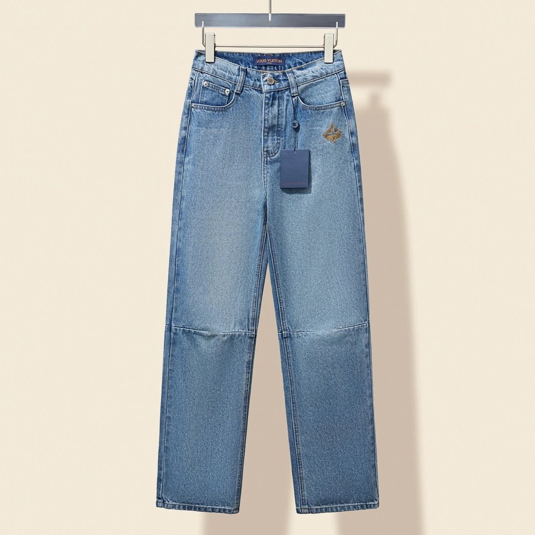 Louis Vuitton LV Jeans Tail Light Embroidery Left and Right Broken Bone Car Denim Straight Long Pants Women Versatile Casual