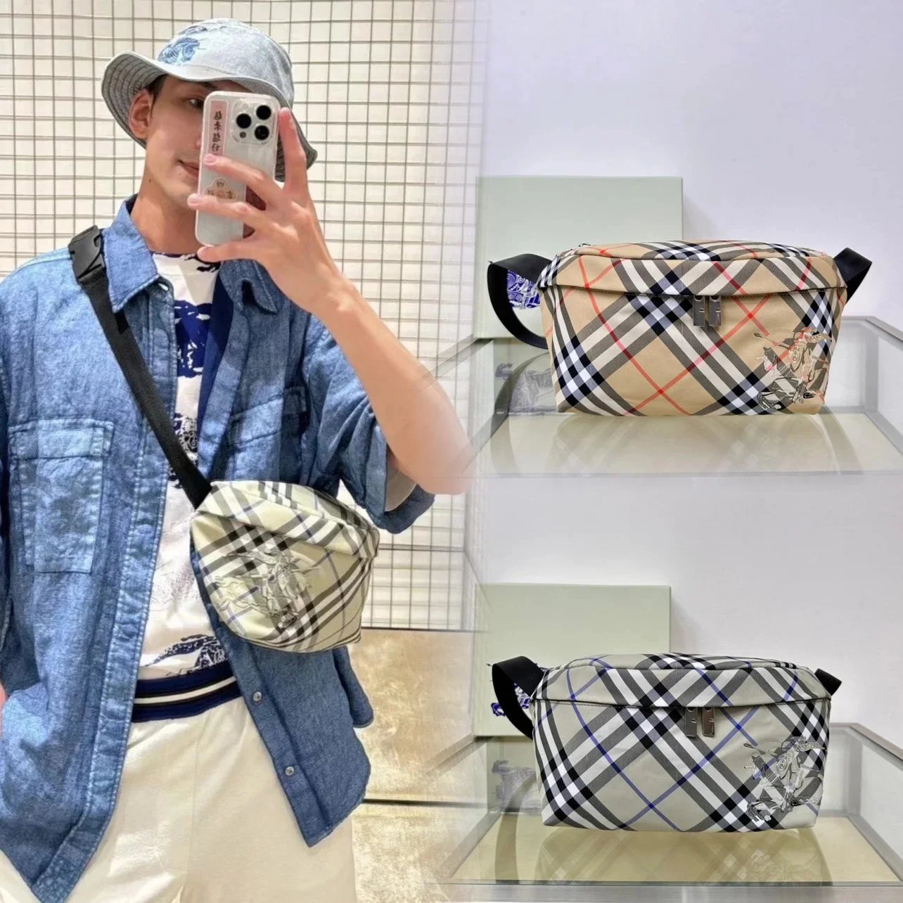 Burberry Men's Bag Top version 【】The Most New Waist Bag Bur Exclusive Plaid Equestrian Knight Messenger Bag Chest Bag Waist Bag Men's Bag