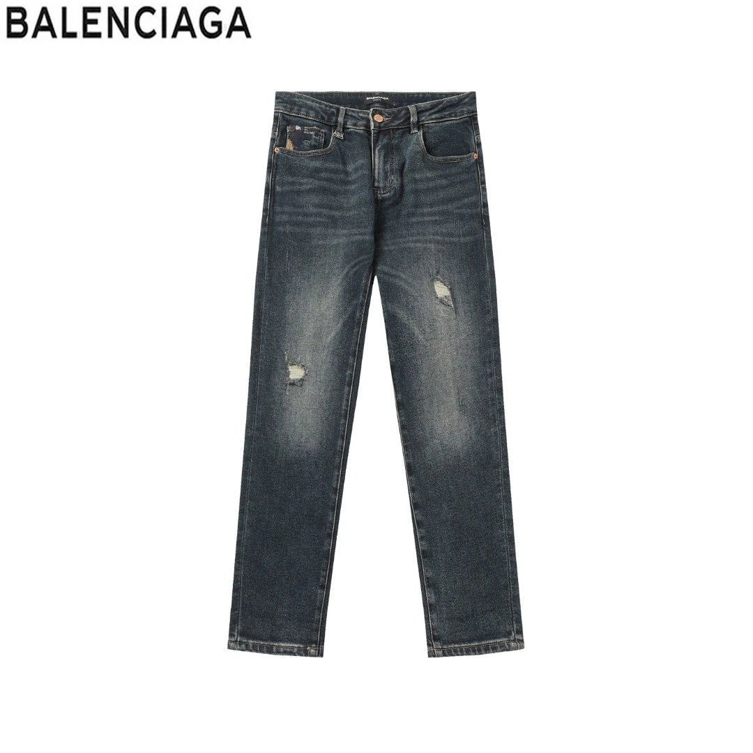Balenciaga Jeans Fleece-Lined Waistband with Leather Tag logo Straight Washed Blue Jeans Autumn Winter New Unisex Loose Casual Wide Leg High Waist Pants