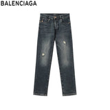 Balenciaga Jeans Fleece-Lined Waistband with Leather Tag logo Straight Washed Blue Jeans Autumn Winter New Unisex Loose Casual Wide Leg High Waist Pants