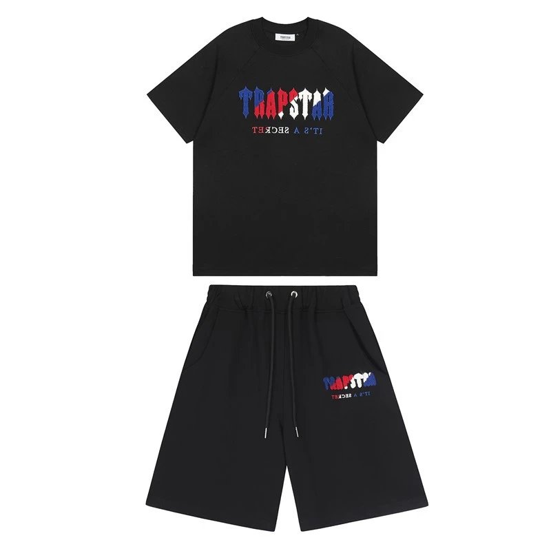 Trapstar T-shirt Summer Gradient Letters White and Blue Towel Embroidery Short Sleeve T T-shirt Shorts Men's Couple Casual Suit-CY