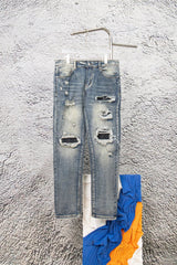 Amiri Jeans Large Hole Patchwork Slim Fit Washed Straight Blue Jeans Autumn Winter New Unisex Loose Casual Wide Leg High Waist Pants