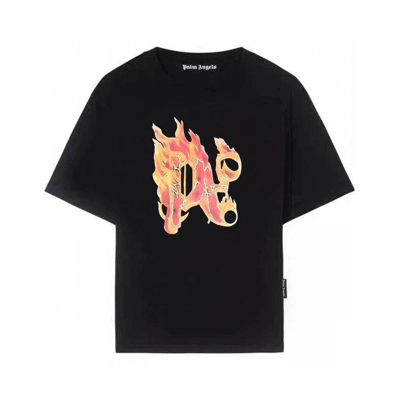 Palm Angels T-shirt Top Version Correct Version Men and Women Same Style Black Flame LOGO Printed Short Sleeve T T-shirt Couple Clothes Trendy