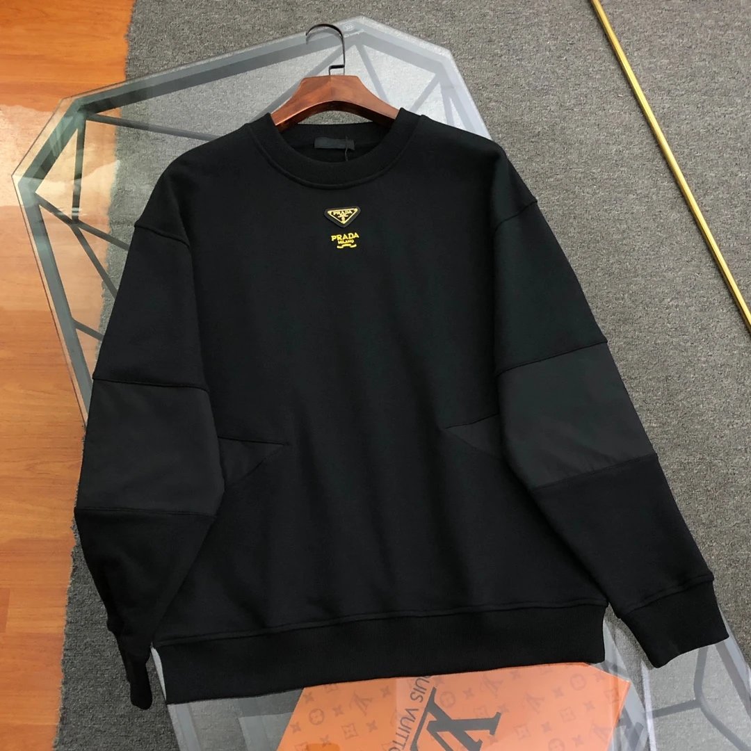 PRADA Hoodie 2024New Style Patchwork Metal Logo Embroidered Crewneck Sweatshirt Long Sleeve Base Shirt Outerwear Trendy Unisex Sports Casual Loose Fit Versatile Autumn Winter New Arrival