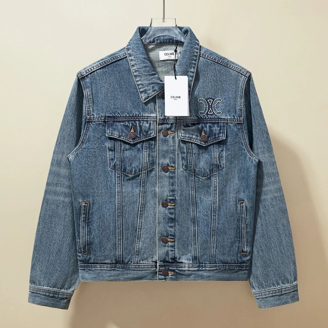 Celine Jackets Embroidered Denim Jacket Fashion Simple Heavy Casual Short Unisex Washed Vintage Turn-down Collar Jacket