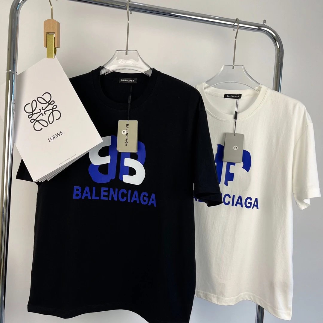 Balenciaga T-shirt Chest Blue Letter Print logo round Neck Short Sleeve25ss New Pure Cotton Unisex Style T T-shirt OS Loose Fit Base Shirt Half Sleeve T-Shirt Top Half Sleeve