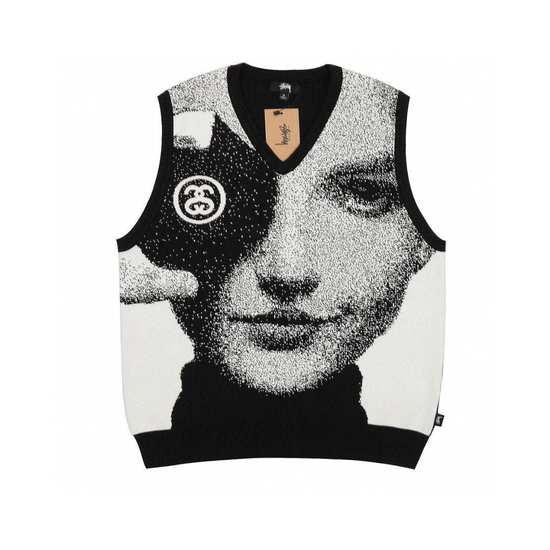 Stussy Sweater Top Version Fashion Limited Series Face Vest Knitted Sweater Bandage Dress Vest for Men and Women