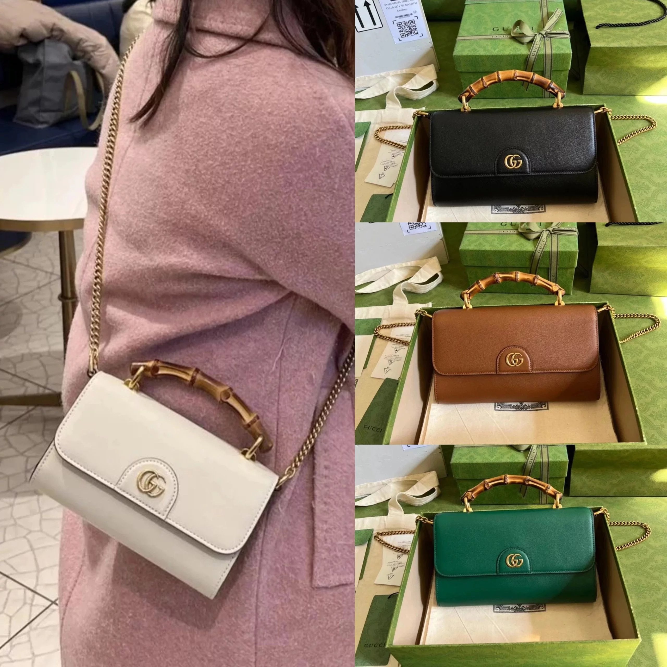 Gucci Women's Bag Top version 【Original Leather】2022Spring and Summer New Diana Bamboo Handle Bag Chain Bag Bamboo Handle Bag Handbag Tote Bag WOC Envelope Package Large Size675795Small Size675794