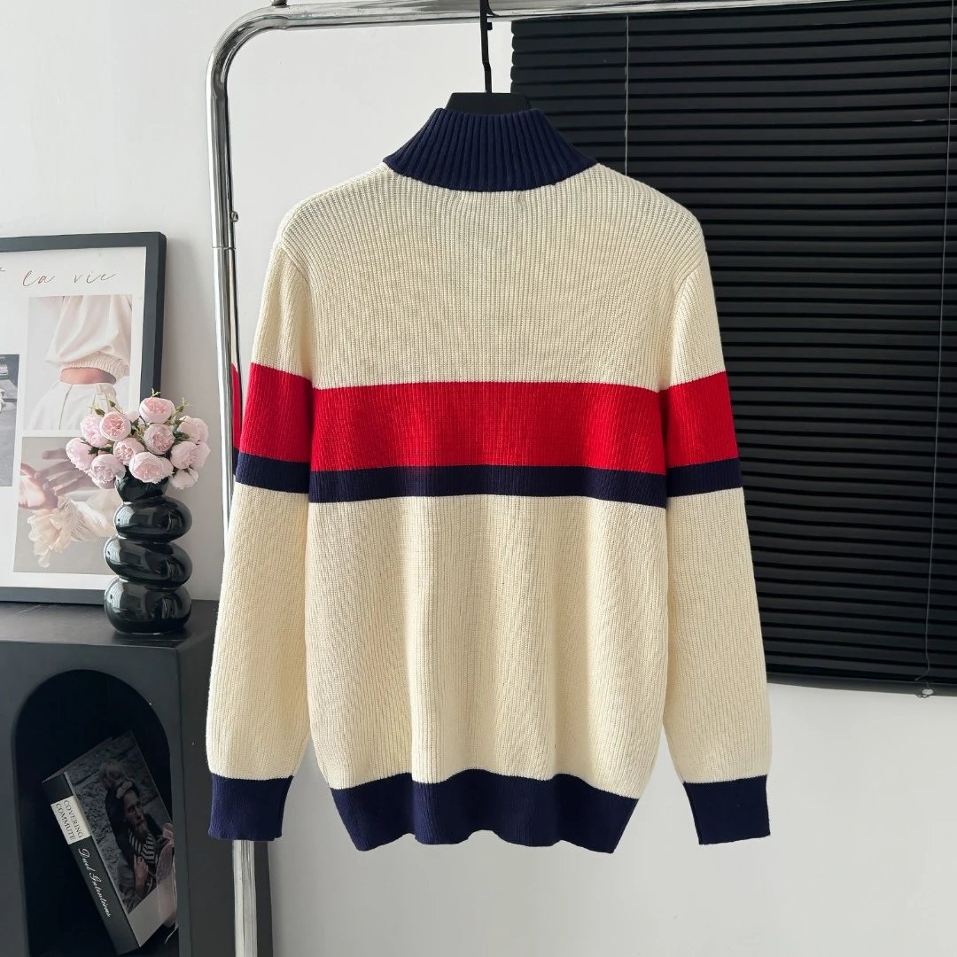 Gucci Sweater Color-Block Striped Zipper Sweater25ss Spring New Thickened Long Sleeve Pullover Unisex OS Loose Fit Top Versatile Casual Jacket Lazy Style