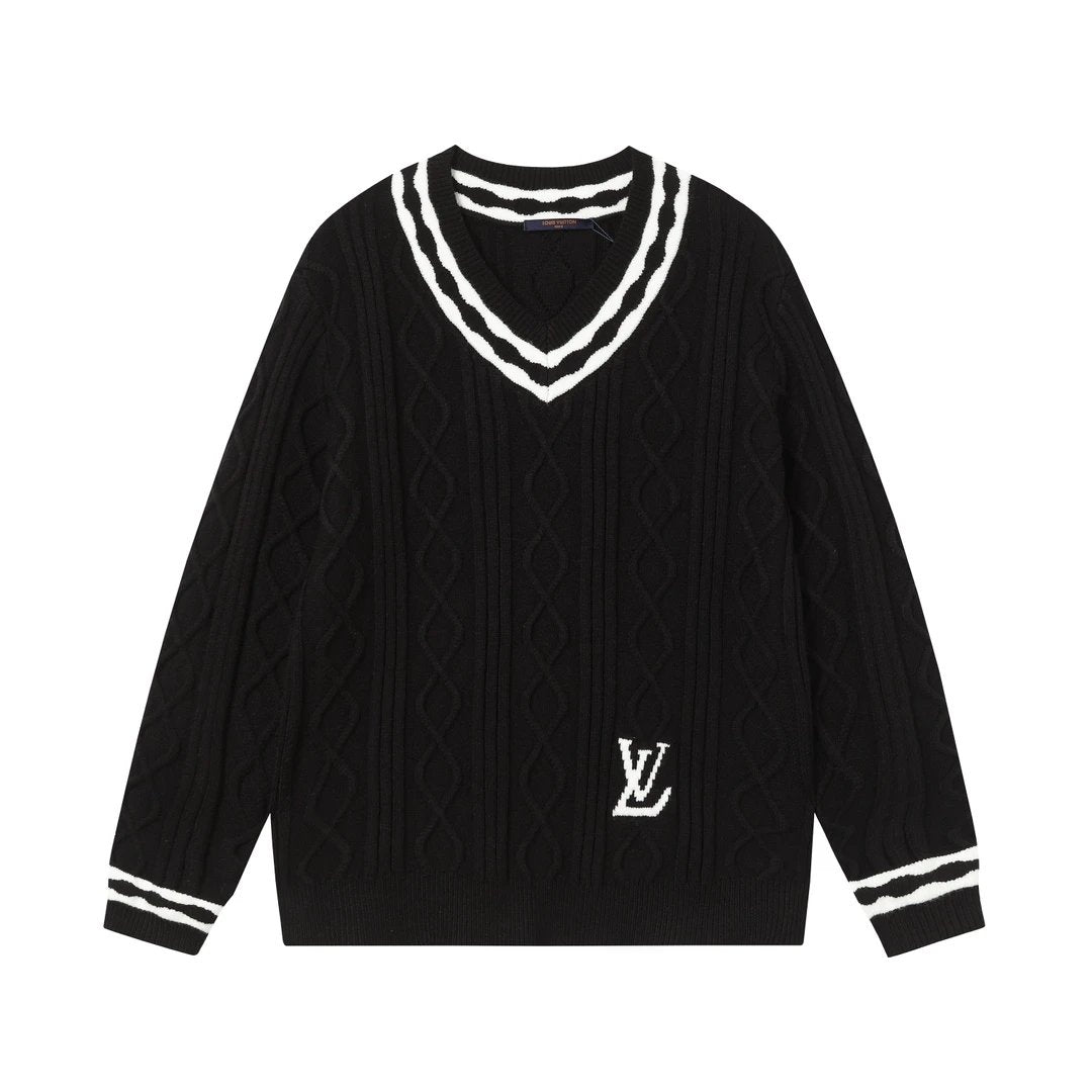 Louis Vuitton LV Sweater Knitted Jacquard Texture Argyle V Thickened Long Sleeve Pullover Sweater with Collar, Lazy Style OS Loose Fit Unisex Knit Top Jacket Versatile Casual Wearable Inside and Outside