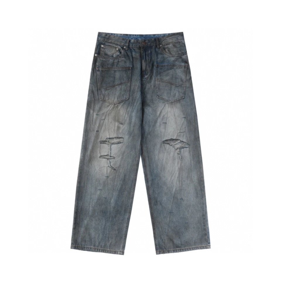 Balenciaga Jeans Heavy Craft Spray-Dyed Dirty Jeans Straight Washed Blue Jeans Autumn Winter New Unisex Long Pants Loose Casual Wide-Leg High Waist