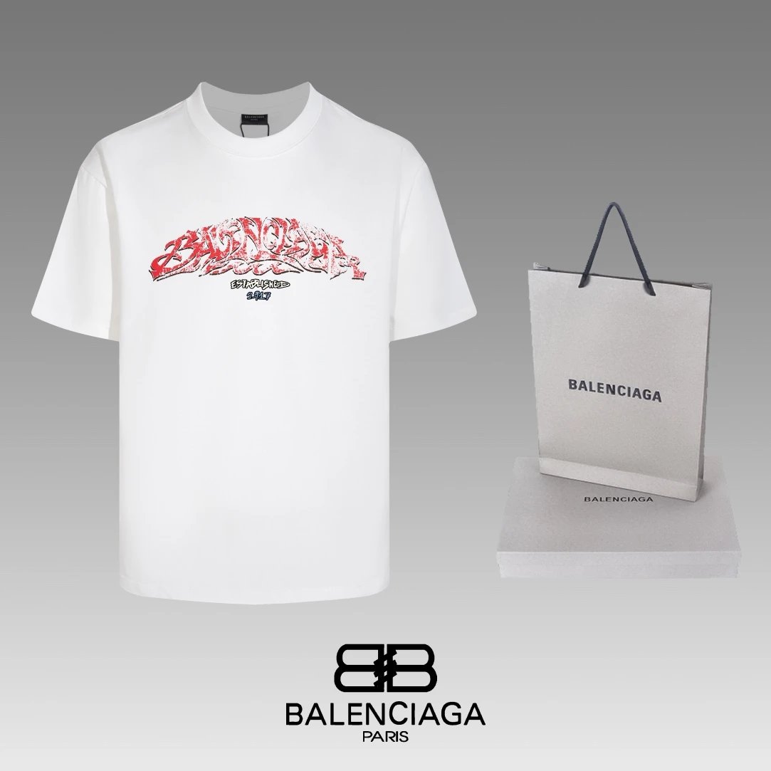 Balenciaga T-shirt Chest Letter Pattern Print logo round Neck Short Sleeve25ss New Pure Cotton Unisex Style T T-shirt OS Loose Fit Base Shirt Half Sleeve T-Shirt Top Half Sleeve