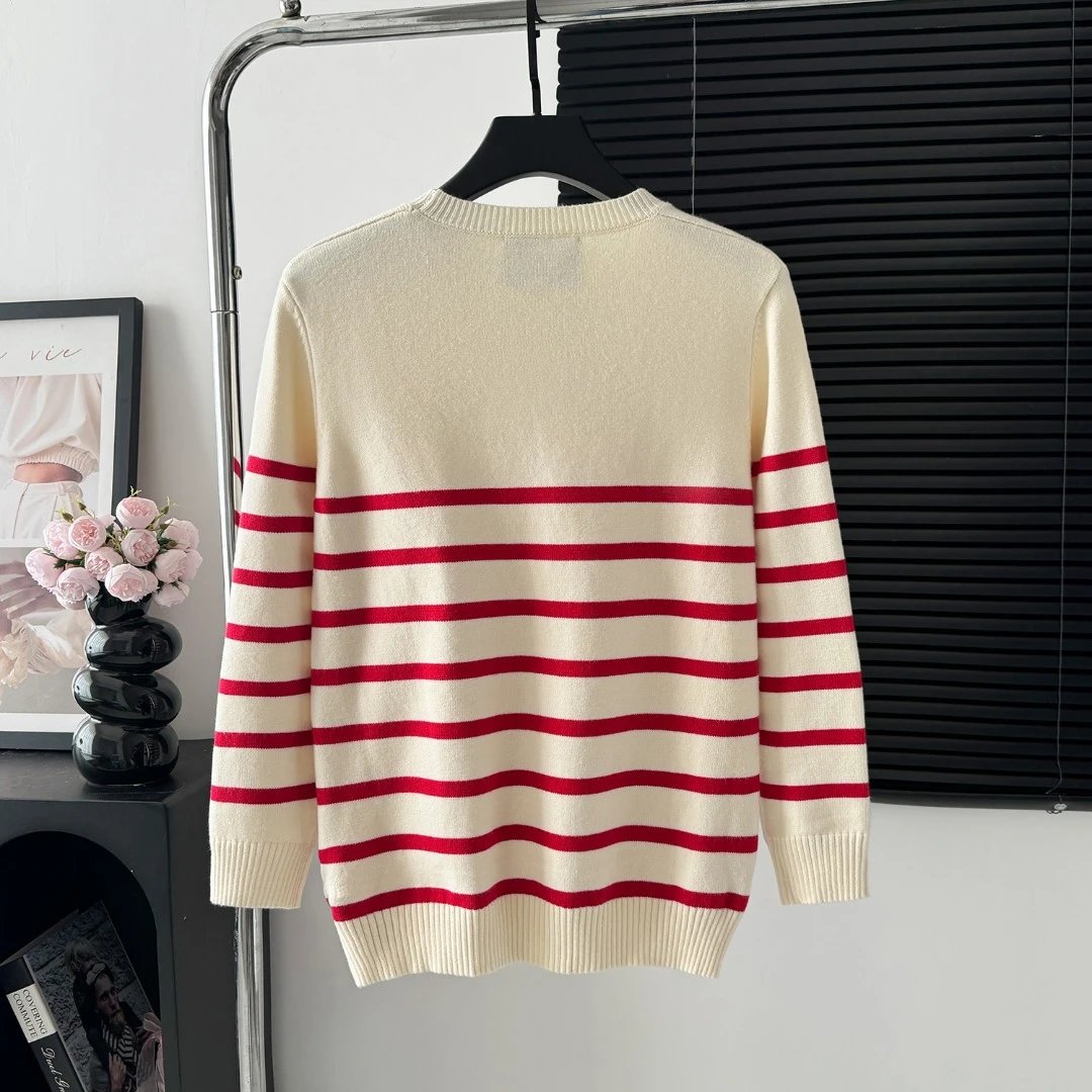 Gucci Sweater Red Apricot Striped Crew Neck Sweater25ss Spring New Thickened Long Sleeve Pullover Unisex OS Loose Fit Top Versatile Casual Jacket Lazy Style