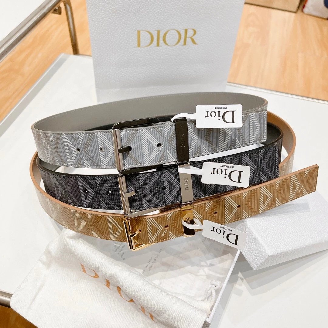 Dior Belt Top version Original Single Original Single Men and Women Universal Belt Width3.5cm Counter Full Set of Packaging Original Leather Material Classic Presbyopic Full Printed Canvas Full Stand Leather Lychee Pattern Bottom Pin Buckle Letter Buckle