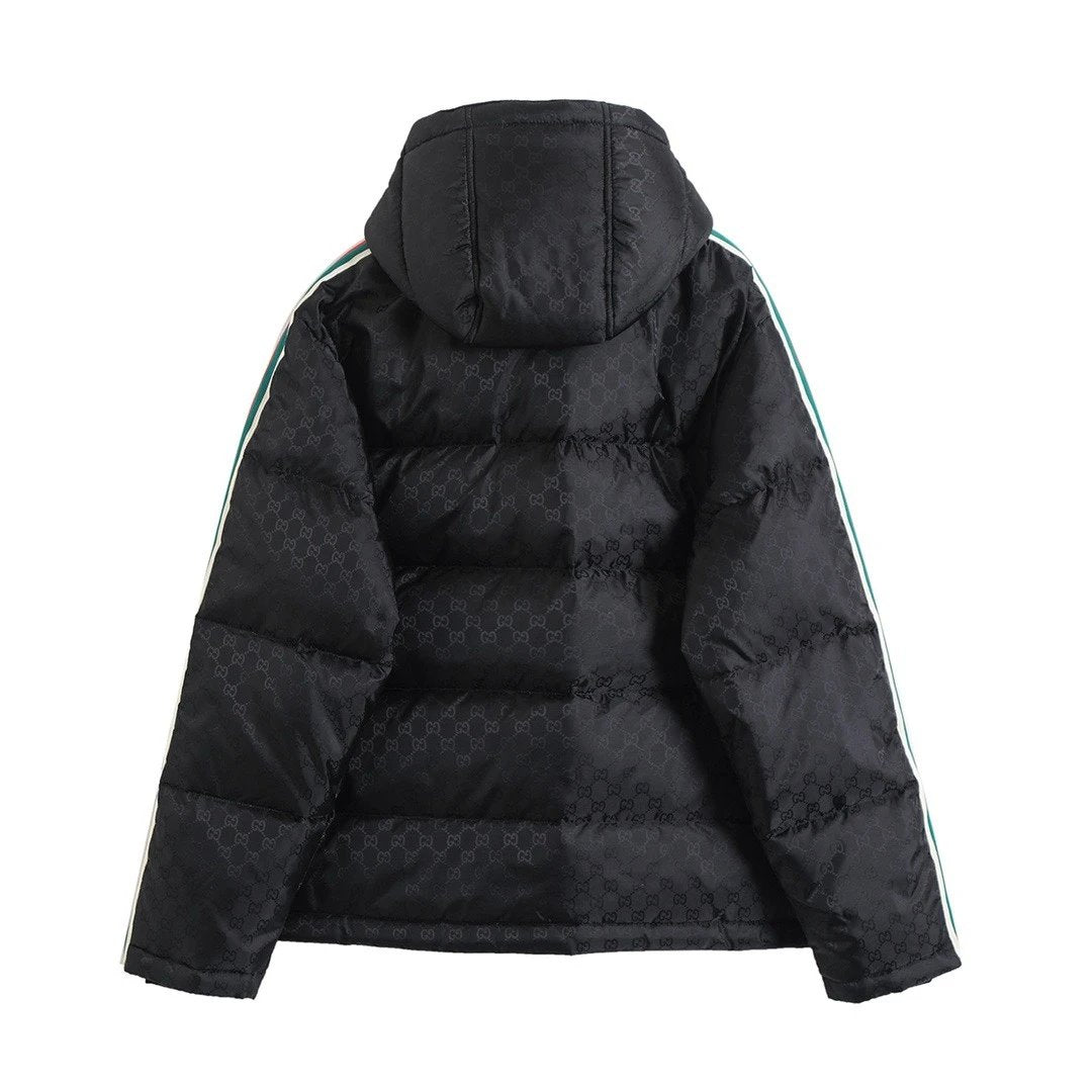 Gucci Down Jacket Red and Green Webbing Mid-Length Jacquard Element Down Jacket90White Duck Down Hooded Thickened Warm Puffer Jacket os Unisex Fit Jacket24ss New Winter Products