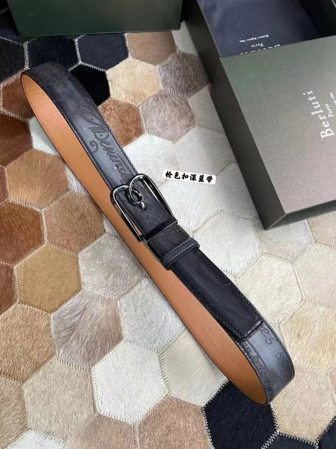 Berluti Belt Top version Original Single Men's New High-End Double-Sided Belt Waist Belt Pure Steel Rotating Pin Buckle Buckle Double-Sided Two-Color Totem Carving Carved Genuine Leather35mm Full Package Belt Men
