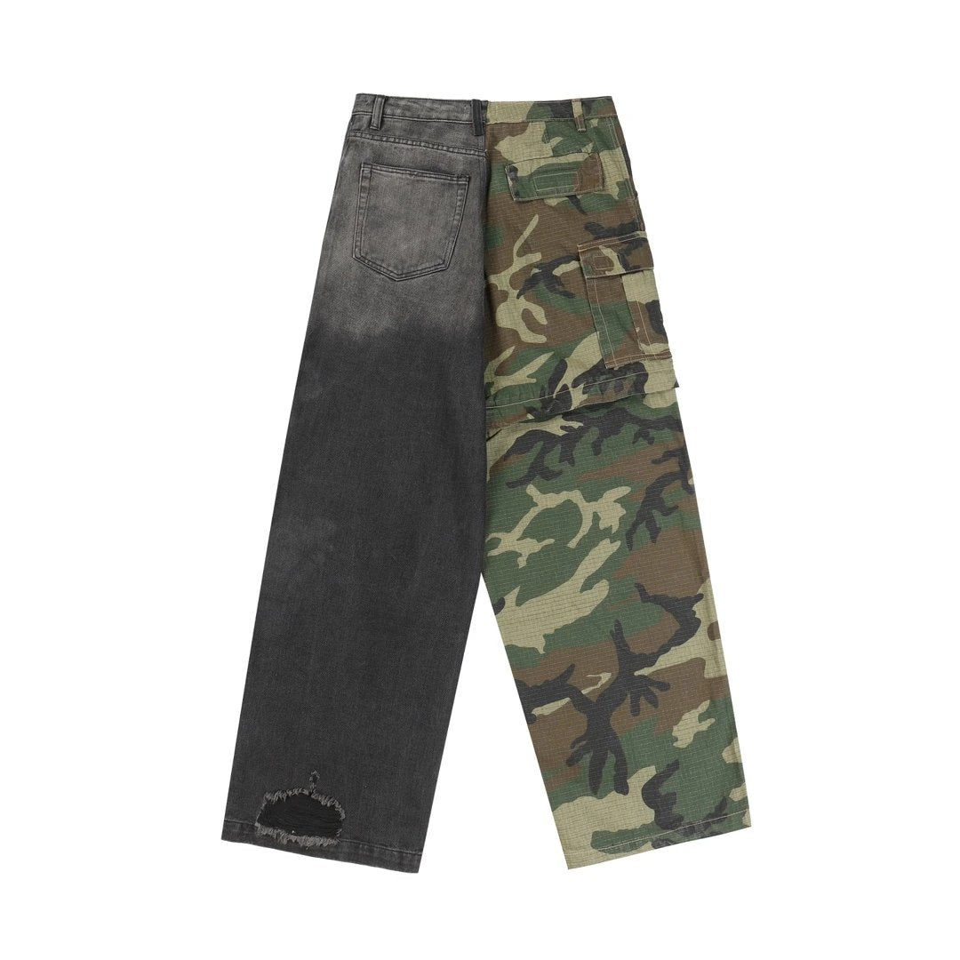 Balenciaga Jeans Camouflage Color Woven Plaid Cargo Pants Patchwork Denim Casual Pants Straight Pants Wide-leg Pants High-waisted Pants Unisex Long Pants24ss Autumn and Winter New Products