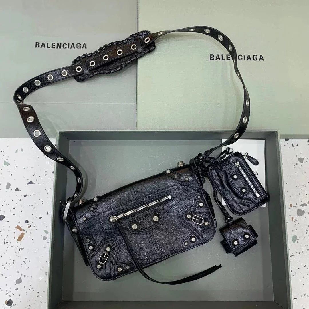 Balenciaga Bag Top version 【Original Leather】New Motorcycle Bag Jay Chou Same Style Hot Motorcycle Bag Men's Small Messenger Bag Rivet Bag Mobile Phone Bag Camera Bag Shoulder Bag Comes with Small Ornaments and Card Bag Men's and Women's Bags Storage Bag