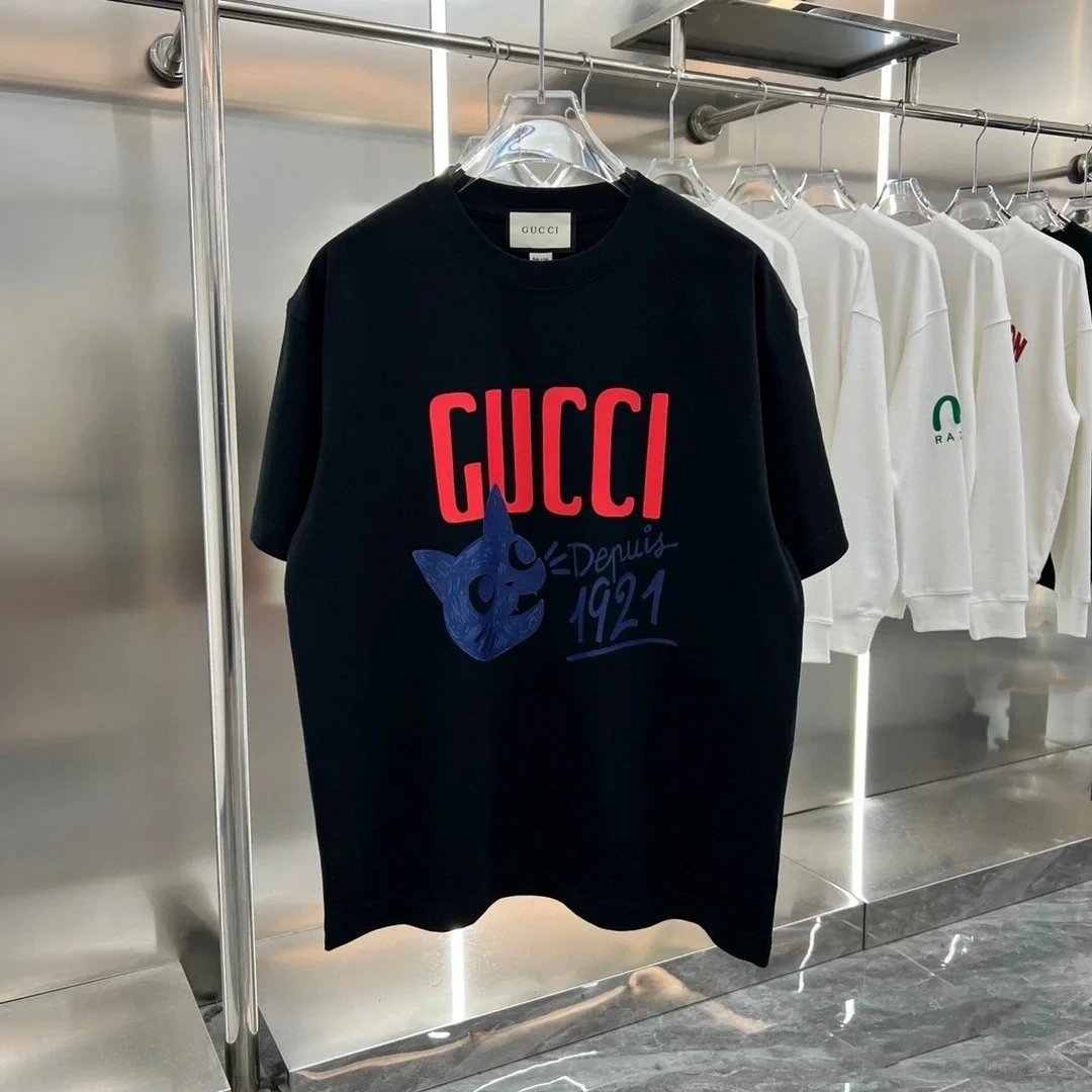 Gucci T-shirt Chest Cat Letter Print logo round Neck Short Sleeve25ss New pure cotton T Unisex T-Shirt OS Drop Shoulder Loose Fit Base Shirt Top T-Shirt Short Sleeve