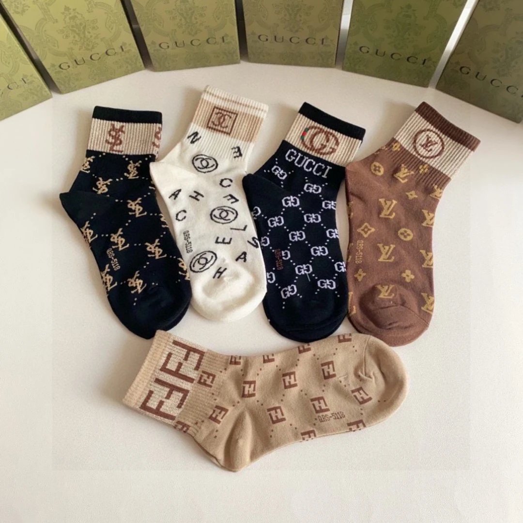 Gucci Sock 【Five Pairs Per Box】Alphabet Jacquard logo Mid-Calf Slouch Socks Pure Cotton Breathable Fashionable25ss New Cotton Socks Spring Summer Autumn Sports Casual Versatile Business Thin Deodorant Sweat-Absorbing