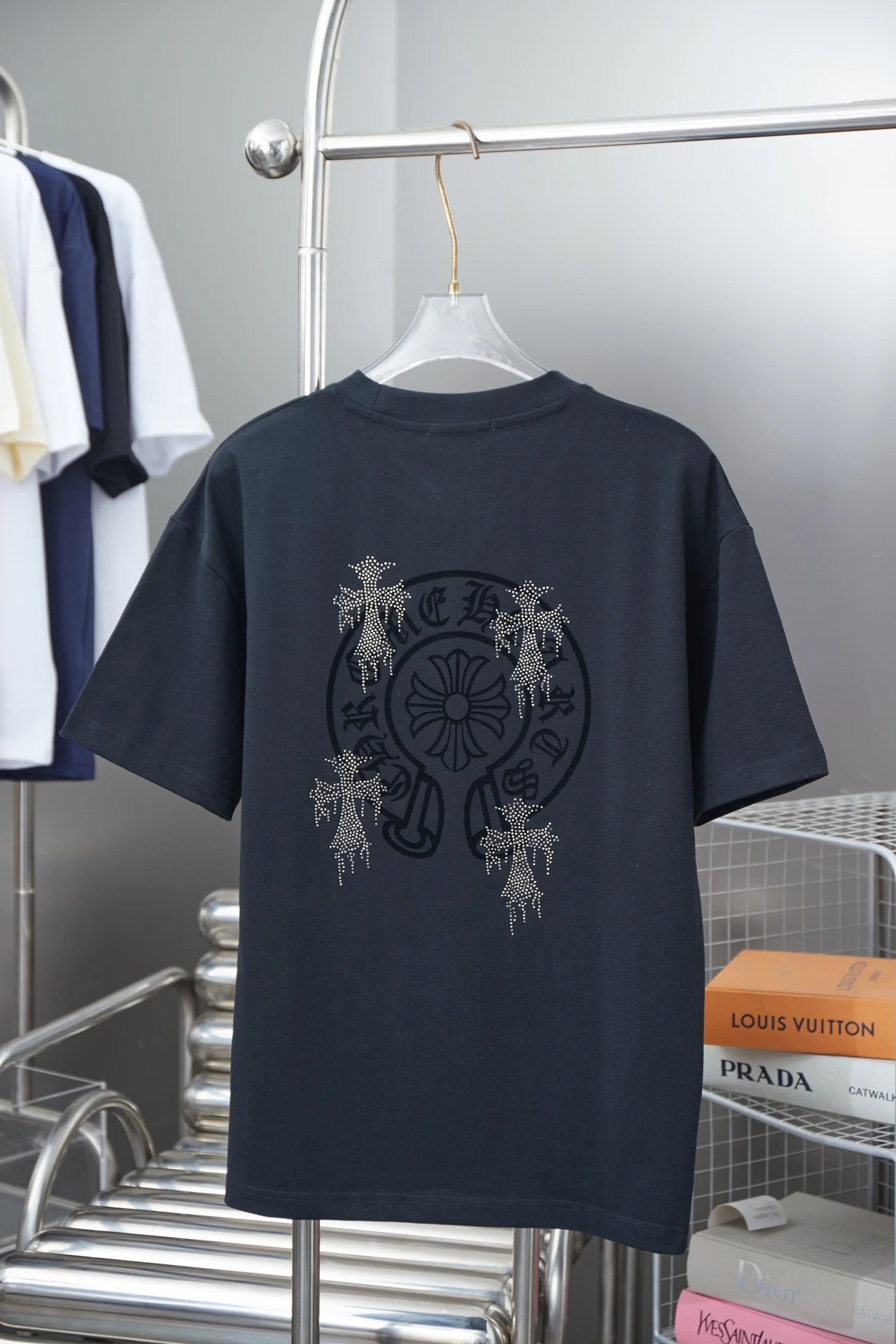 Chrome Hearts T-shirt Early Spring New Style Horseshoe Flocking Print Rhinestone Round Neck Short Sleeve Pure Cotton Unisex T T-shirt OS Loose Fit Base Shirt Short Sleeve Top T-Shirt