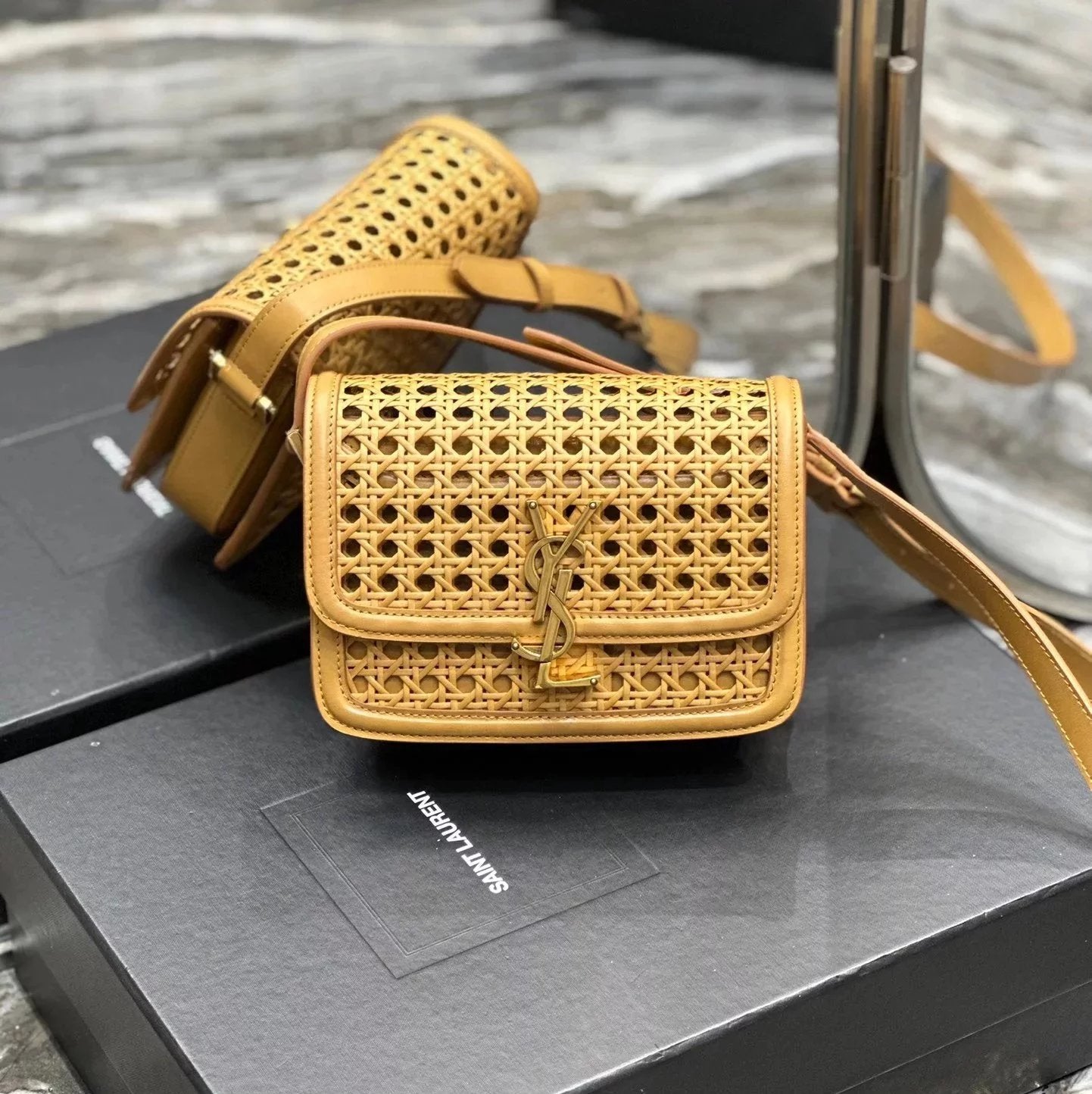 YSL Women's Bag Top version 【Super Quality】2023New woven bag Solferinobox_Apricot Bamboo Woven with Cowhide Gold Buckle Hollow Design Bamboo Woven Bag Raffia Series New Woven Square Bag Flap Messenger Bag Summer New Women's Bag