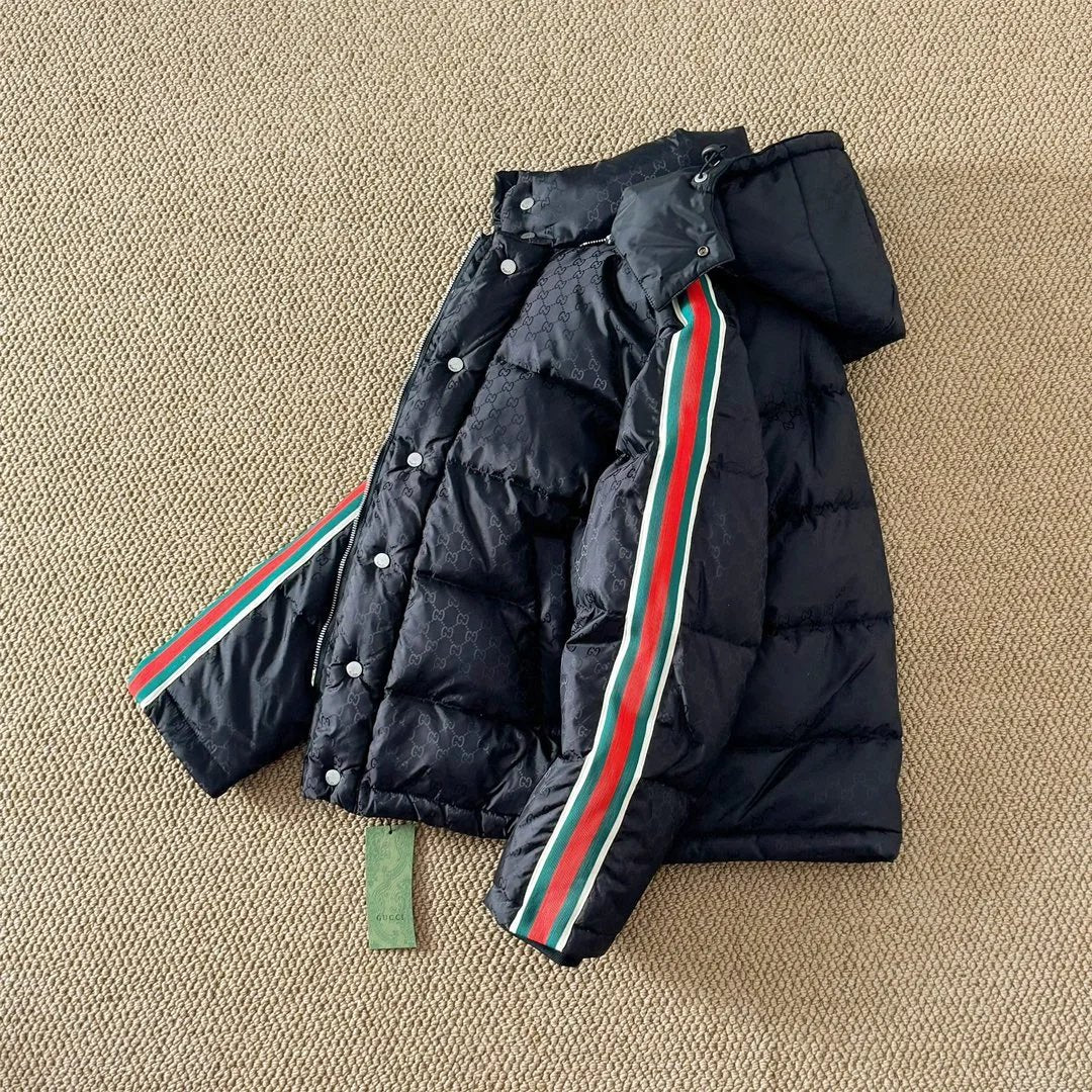 Gucci Down Jacket SS24New Full Print Jacquard Red and Green Webbing Down Jacket with Detachable Hat Unisex Coat