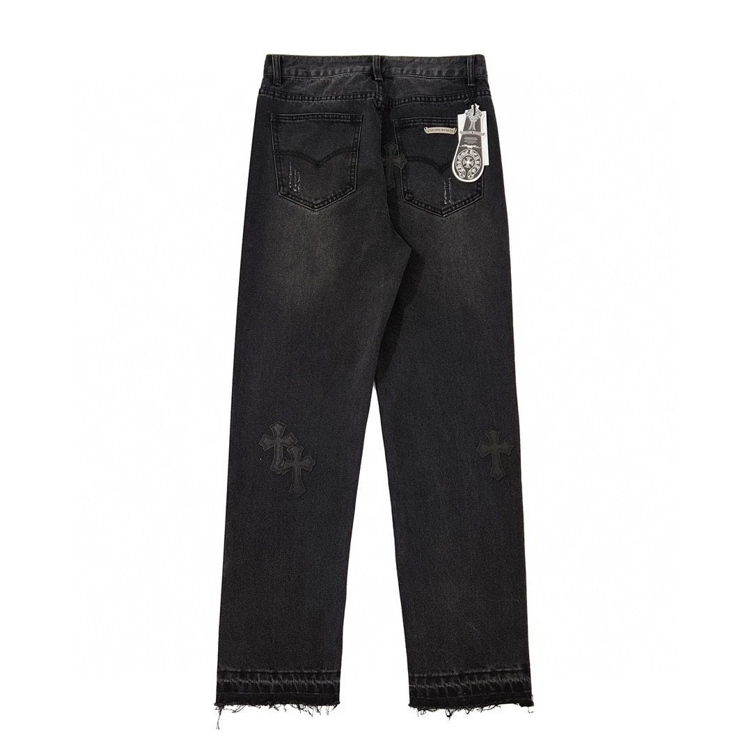 Chrome Hearts Jeans Top Version Gothic Cross Leather Tag Black Washed Trousers Casual Men and Women Slightly Loose All-Matching Contraction Trouser