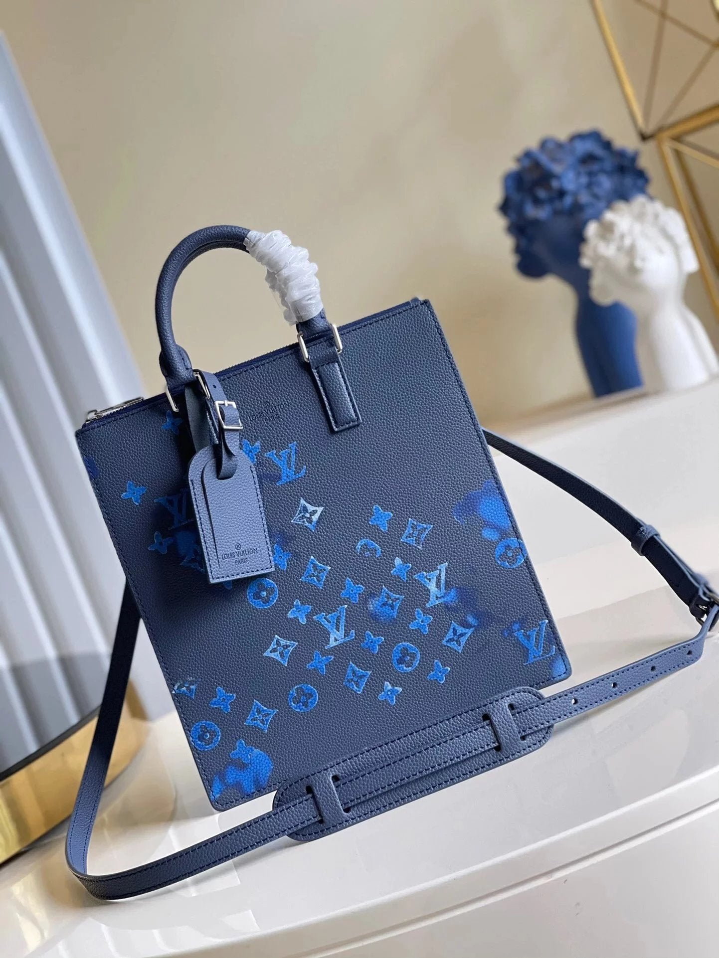 Louis Vuitton LV briefcase Top version 【Extreme Edition】M57843Blue Full Leather Printing SacPlatZipp Briefcase Shoulder Messenger Handbag Men's Tote Computer Bag Men's Bag Handbag